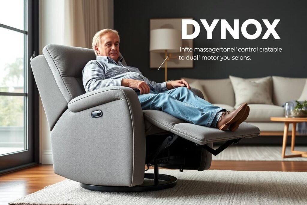 DYNOX grey chenille recliner showing the infinite position capability and massage controls