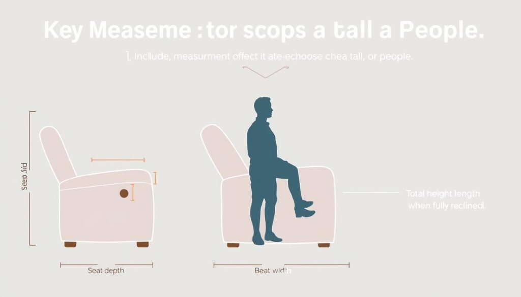 Diagram showing key measurements for recliners for tall people including seat depth, back height, and extended length