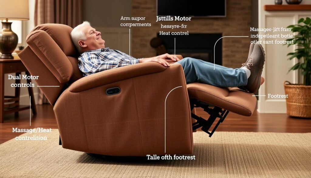 Dual motor brown recliner in fully reclined position showing arm storage and controls