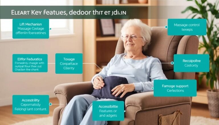 Elderly woman comfortably using a recliner chair bed with labeled features showing lift mechanism, massage controls, and support features