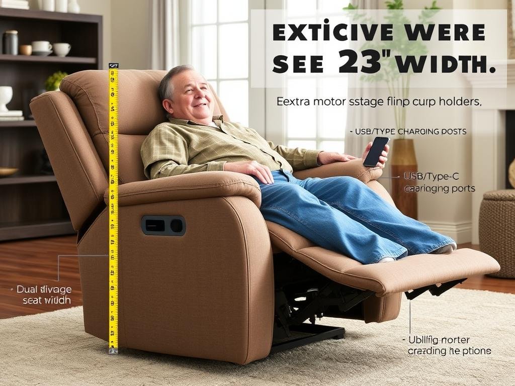 Extra-wide power recliner showing the 28-inch seat width and flip arm storage