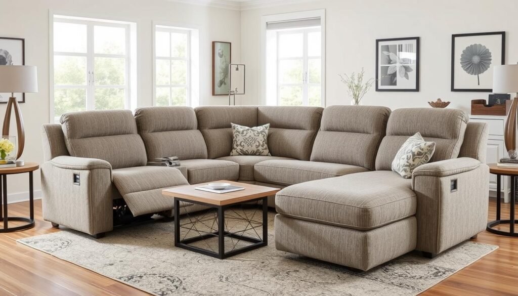 Living room with reclining sectional sofa with chaise showing various features to consider