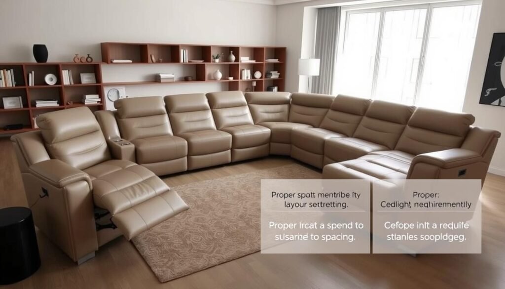Modern living room with a sectional leather couch with recliners arranged in an L-shape