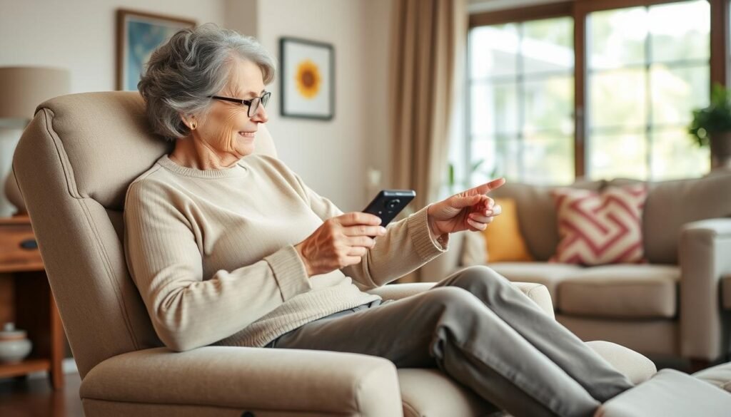 Senior woman using a power lift recliner chair with remote control