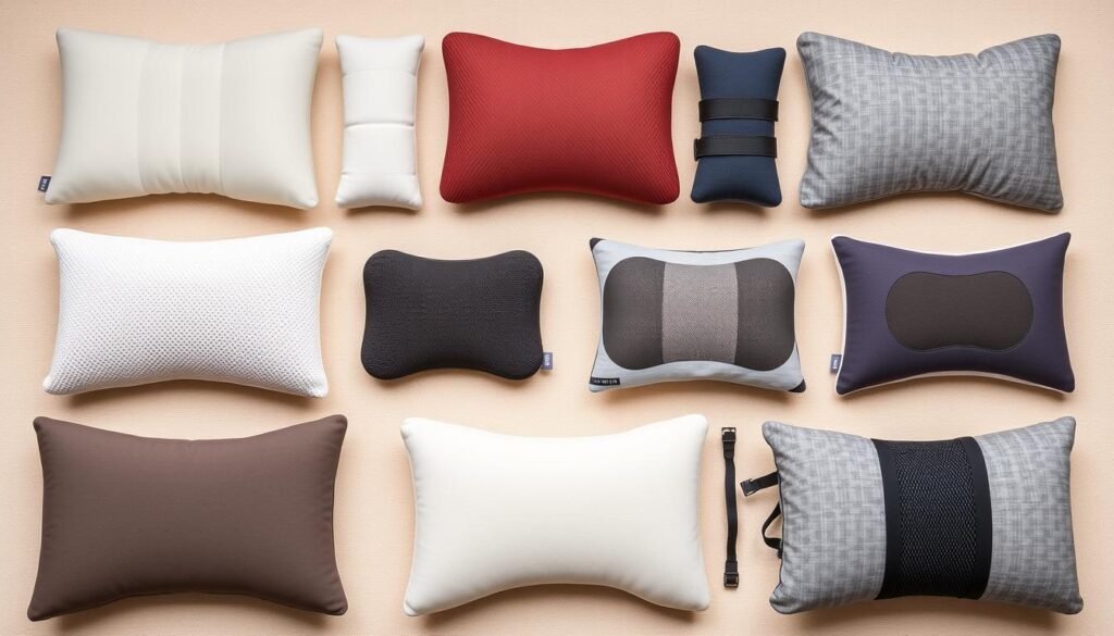 Various lumbar support pillows for recliners showing different sizes and materials