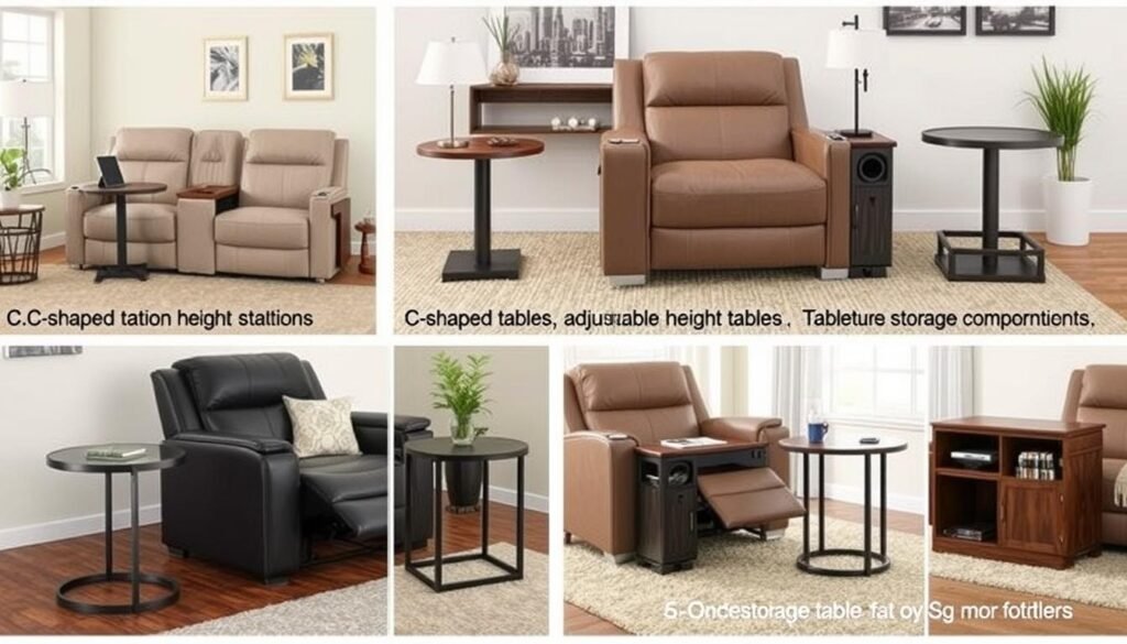 Various side tables for recliners showing different designs and features Various side tables for recliners showing different designs and features